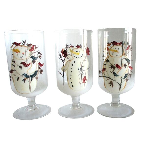 Twilight Snowman Frosted Iced Tea Glasses Footed Set Of 3 - Picture 1 of 7